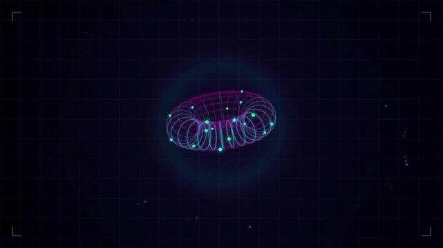 Neon Digital Torus Hologram Rotating In Sci Fi Cyber Grid