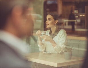Fototapeta premium Candid Coffee Moment Seen Through Urban Cafe Window