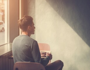Naklejka premium Person Sitting with Coffee by Window with Minimal Copy Space