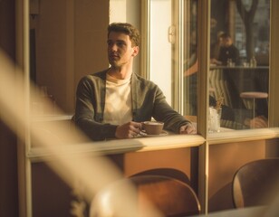 Fototapeta premium Quiet Cafe Portrait Reflected in Mirror with Afternoon Light