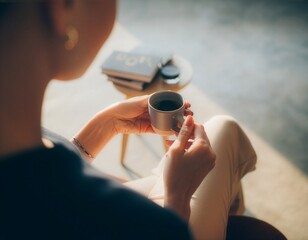 Fototapeta premium First Person View Holding Black Coffee in Minimal Cafe