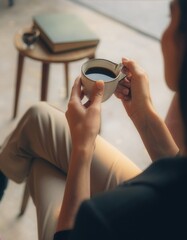 Fototapeta premium First Person View Holding Black Coffee in Minimal Cafe