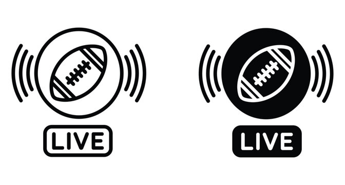 American football live stream icons set featuring ball in circle with signal waves and live broadcast badge for sports media