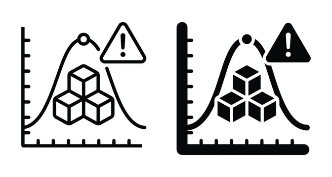 Statistical bell curve graph with data cubes and warning triangle icon representing risk analysis probability distribution and mathematical modeling