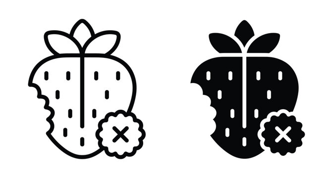 Bitten strawberry icon set with cross mark symbol representing food allergy fruit rejection error or rotten berry vector illustration