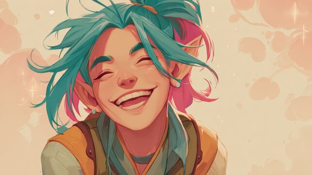Full body smiling elf character with vibrant fantasy tones, clean minimal background, soft light 