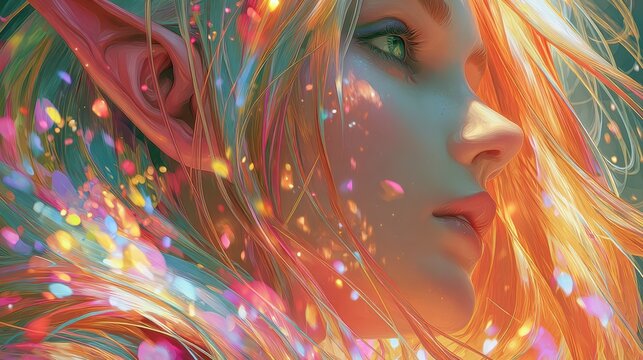 Magical elf girl glowing with colorful energy, vibrant fantasy art style, high detail, aesthetic composition