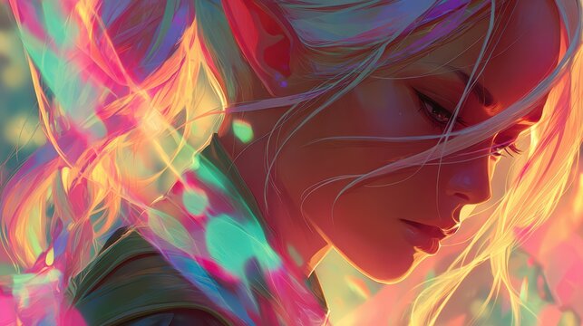 Magical elf girl glowing with colorful energy, vibrant fantasy art style, high detail, aesthetic composition