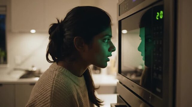 A Pensive Moment in the Kitchen: A Young Woman Contemplates While Watching Food in the Microwave, Capturing a Slice of Everyday Life and Reflection.