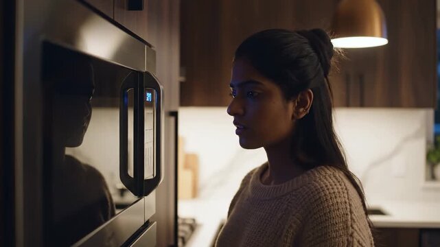 A Thoughtful Moment in the Kitchen: A Woman Contemplates While Staring at a Refrigerator, Illuminated by Soft Lighting, Creating a Cozy Ambiance for Reflection