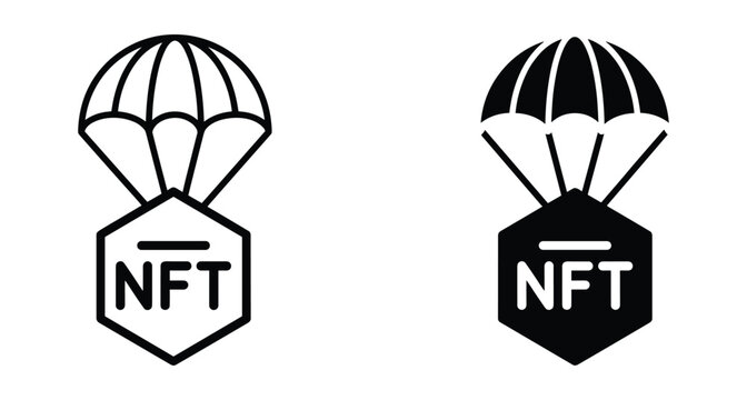 NFT airdrop icon set featuring parachute carrying hexagonal digital asset token box in outline and solid black vector graphic styles
