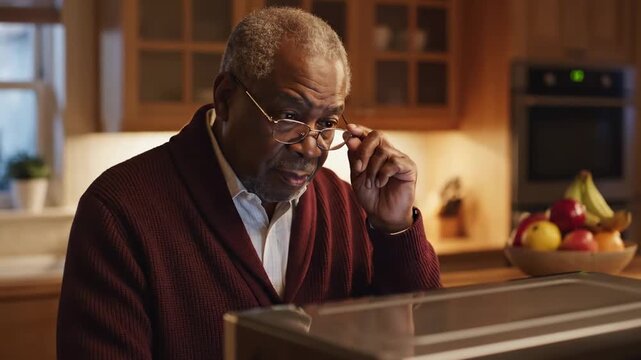 A Thoughtful Moment: An Older Man Contemplates in a Well-Lit Kitchen, Engaged with a Microwave as He Prepares to Heat a Meal Inside His Welcoming Home