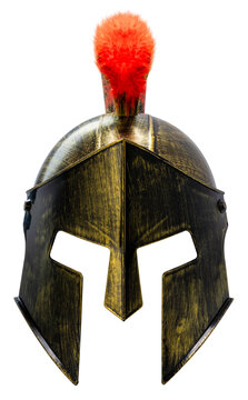 Ancient spartan warrior combat helmet with a red crest, isolated on a white background, with clipping path, Perfect visual for historical themes, fantasy games, epic movie, brave hero concept.