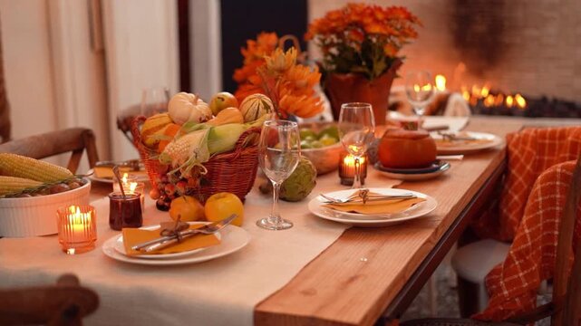 Festive autumn dining table set with pumpkins and candles by fire