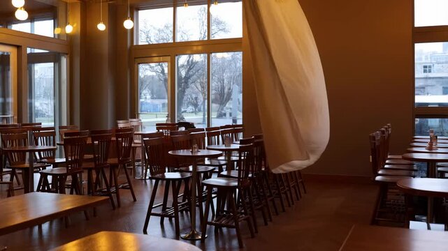 An Empty Caf&eacute; with Wooden Furniture: A Calm, Serene Atmosphere Captured in Two Frames, Highlighting the Tranquility and Simplicity of a Cafe Setting