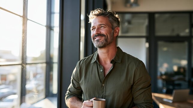 Smiling Mature Man Enjoying Coffee Break at Office