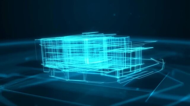 A Futuristic Digital Blueprint Showcasing a Modern Architectural Design in an Ethereal Glowing Framework, Representing Innovation and Technology in Construction.