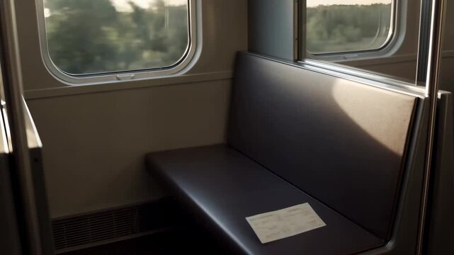 Quiet Moments: A Serene Journey Through the Window of an Empty Train Car as the Landscape Unfolds Outside
