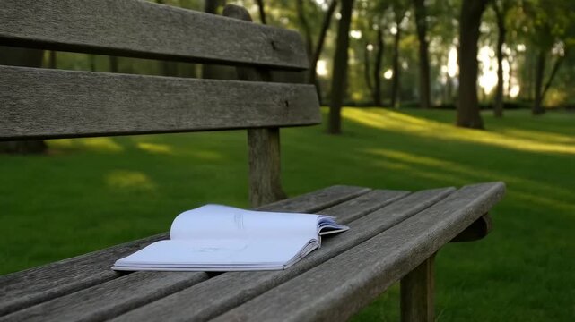A Serene Moment in Nature: An Open Sketchbook Resting on a Park Bench Surrounded by Lush Greenery and Soft Light as the Day Begins to Fade