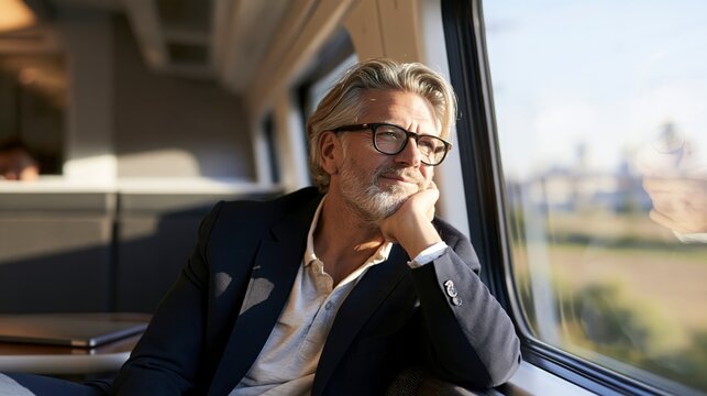 Mature Businessman Looking Through Window During Train Commute