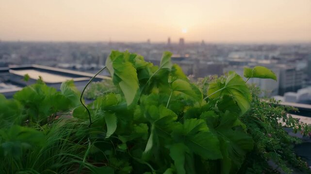 A Serene Rooftop Garden at Sunset: Lush Green Plants Thrive Against a City Skyline in the Background, Creating a Tranquil Urban Oasis for Reflection and Relaxation