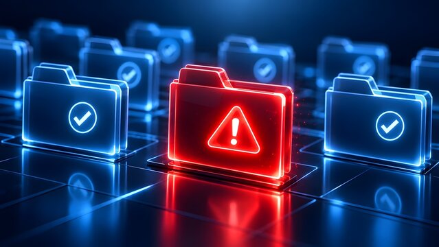 Cybersecurity concept of a malicious file or virus detected among safe data folders represented by a glowing red folder with warning sign symbol on a futuristic dark digital background