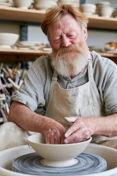 Close up of potter hands shaping a clay bowl on a pottery wheel in an artisan studio for craft design, card, poster and background use