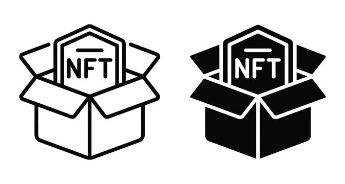 NFT token inside open cardboard box icon set representing digital asset delivery blockchain marketplace shipping and crypto art unboxing concept