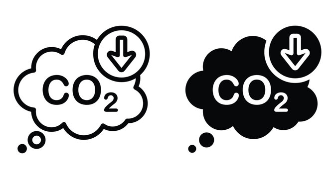 Carbon dioxide reduction icons showing CO2 text inside cloud with downward arrow for environmental protection climate change and emission control