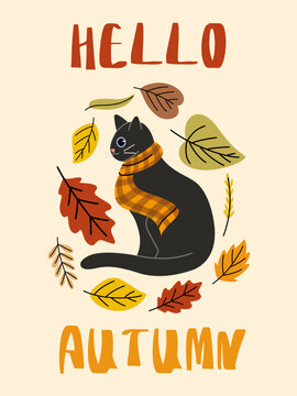 Hello autumn vector poster featuring black cat wearing yellow plaid scarf surrounded by falling leaves. for autumn greeting, Halloween season, and home wall decor.