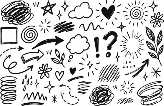 Collection of playful hand drawn black and white doodle elements including arrows, hearts, stars, flowers, leaves, spirals, scribbles, symbols and decorative shapes on a white background.