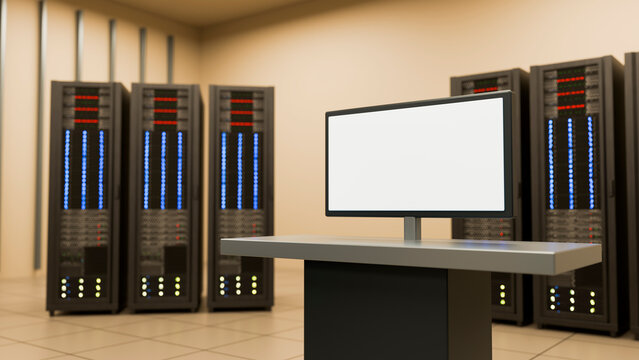 Data center room with server racks and blank monitor on console table
