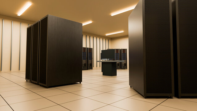 Server racks and monitor in modern data center room