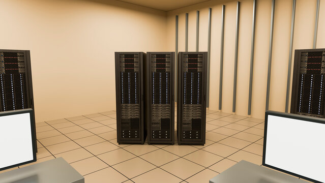 Server racks and monitors in a clean data center room