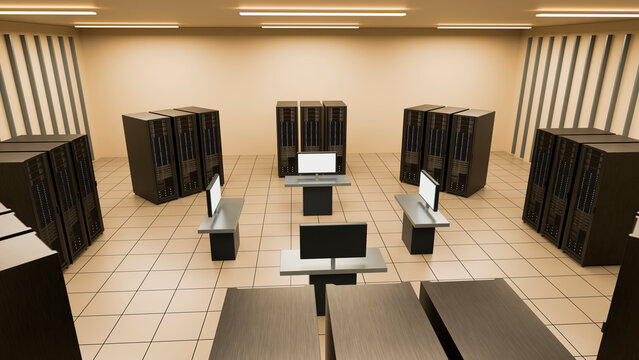 Modern data center room with server racks and computer monitors