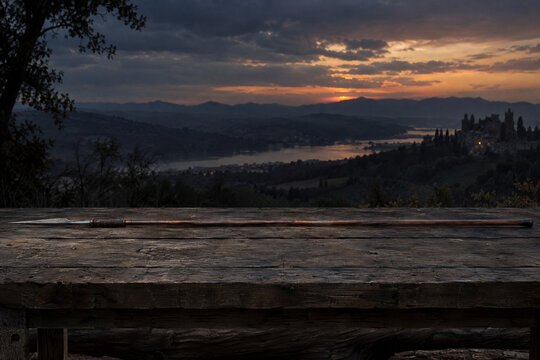 Antique lance resting on a rustic timber surface&nbsp; 