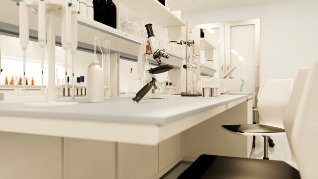 Microscope and scientific glassware on a laboratory bench