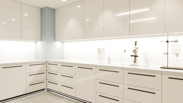 Laboratory countertop with microscope and glassware