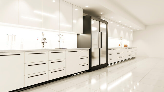 Modern kitchen with white cabinets and laboratory equipment