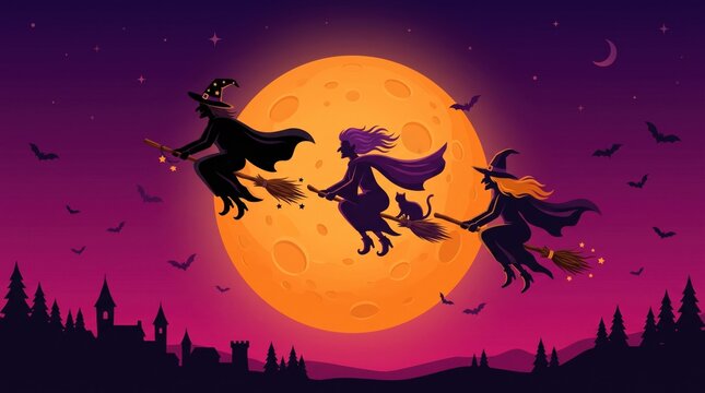 Halloween witches flying on broomsticks across a giant full moon. Vector night sky banner