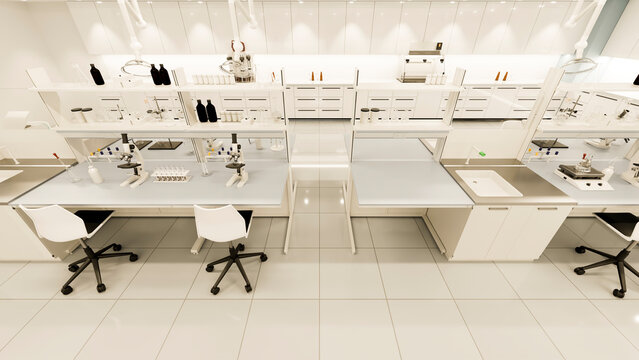 Laboratory interior with microscopes and scientific equipment