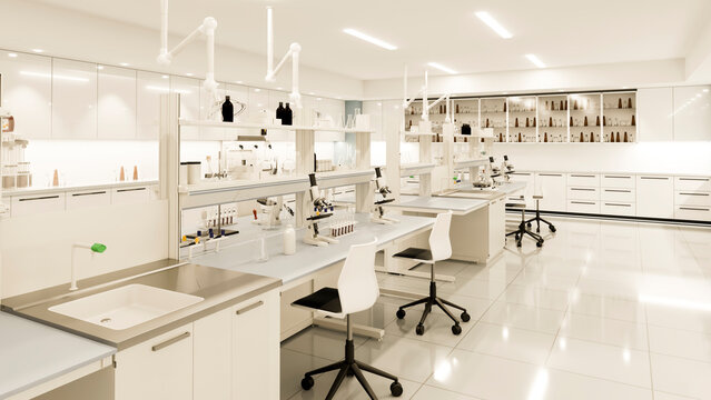 Modern laboratory interior with microscopes and scientific equipment