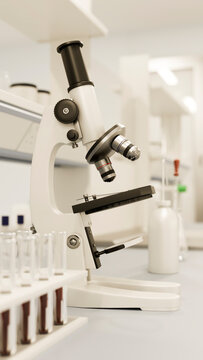 Microscope with test tubes in laboratory research setting