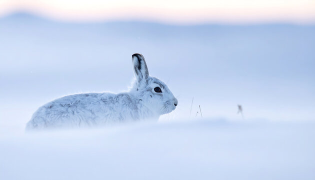 Majestic white hare camouflaged in soft winter snow during a serene sunrise with pastel sky