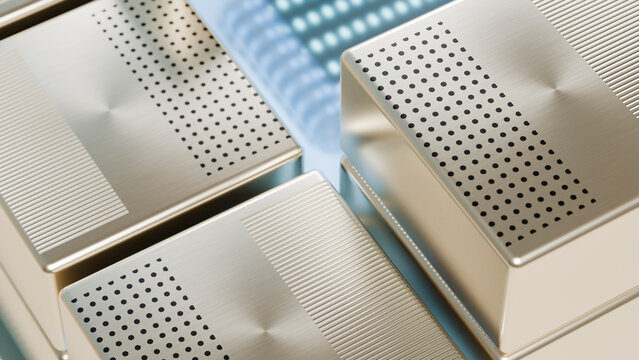 Silver rectangular metallic boxes with circular perforated patterns