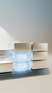 Stack of metallic and transparent rectangular blocks