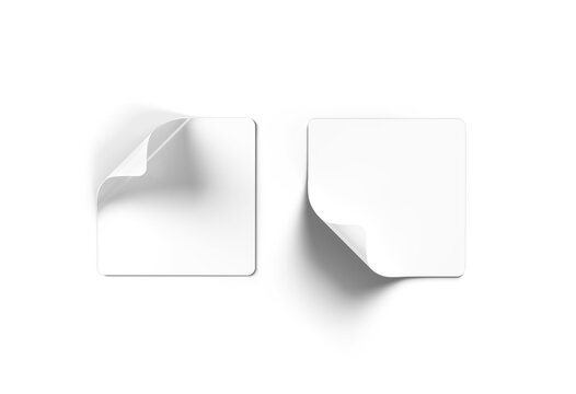 Blank squared stickers isolated on white. Square labels mockup. 3D rendering