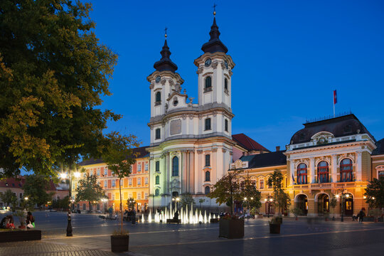 Minorite Church at Dob&oacute; Square in eger, Hungary at evening
