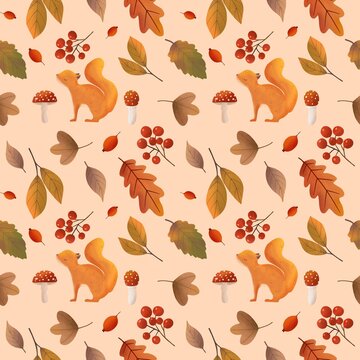 Cute squirrels and autumn leaves.