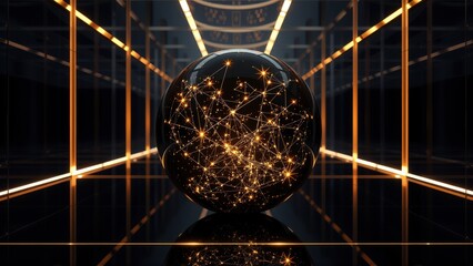Fototapeta premium Dark room features glowing sphere, complex network inside. Reflections create symmetrical, futuristic visual. Minimalist design, intense contrast.